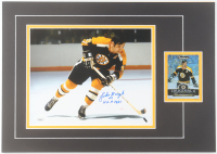 Johnny Bucyk Signed & Inscribed Bruins 12x17 Custom Matted Photo Display with 2018-19 Parkhurst Original 6 #O6-7 Trading Card (JSA) at PristineAuction.com