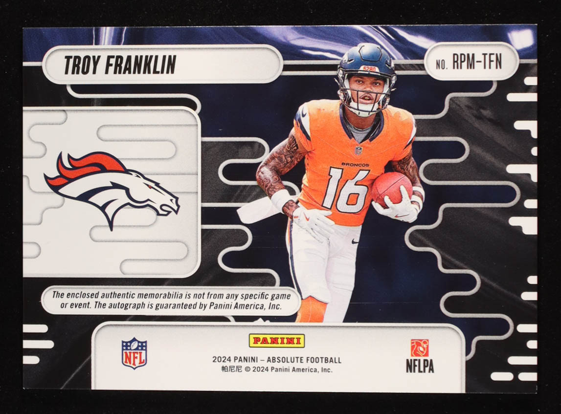 Troy Franklin 2024 Absolute Rookie Premiere Materials Autographs #30 RC #167/399 at PristineAuction.com Troy Franklin 2024 Absolute Rookie Premiere Materials Autographs #30 RC #167/399 at PristineAuction.com
