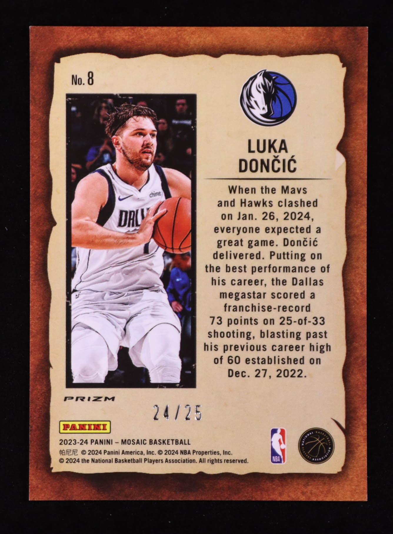 Luka Doncic 2023-24 Panini Mosaic Notoriety Mosaic White #8 #24/25 at PristineAuction.com Luka Doncic 2023-24 Panini Mosaic Notoriety Mosaic White #8 #24/25 at PristineAuction.com