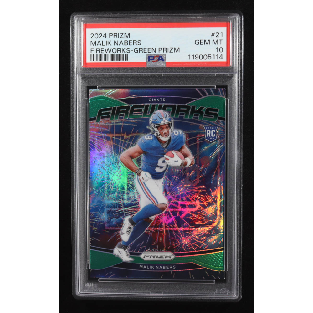 Malik Nabers 2024 Prizm Fireworks Green Prizm #21 RC (PSA 10) at PristineAuction.com