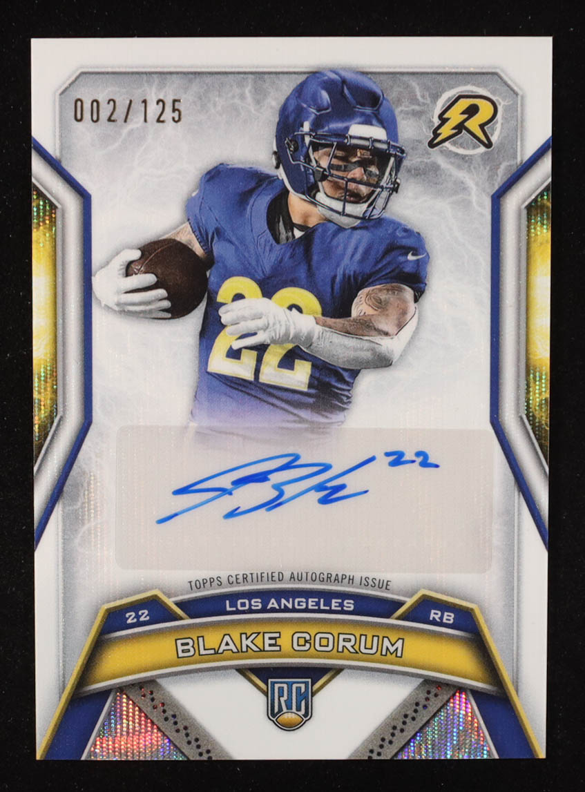 Blake Corum 2024 Topps Resurgence Resurgence Rookie Signatures White Surge #RRSBC #2/125 RC at PristineAuction.com Blake Corum 2024 Topps Resurgence Resurgence Rookie Signatures White Surge #RRSBC #2/125 RC at PristineAuction.com