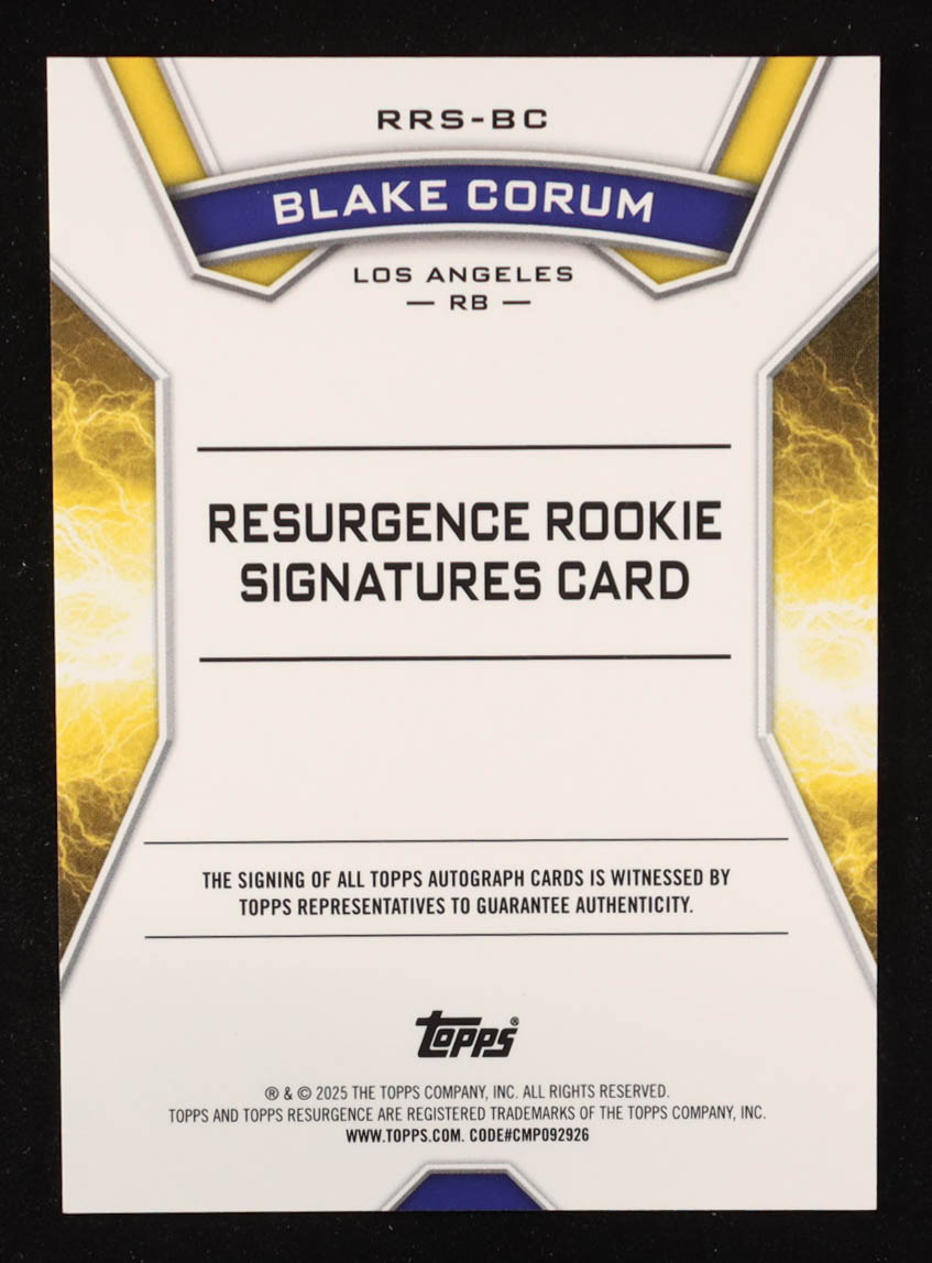 Blake Corum 2024 Topps Resurgence Resurgence Rookie Signatures White Surge #RRSBC #2/125 RC at PristineAuction.com Blake Corum 2024 Topps Resurgence Resurgence Rookie Signatures White Surge #RRSBC #2/125 RC at PristineAuction.com