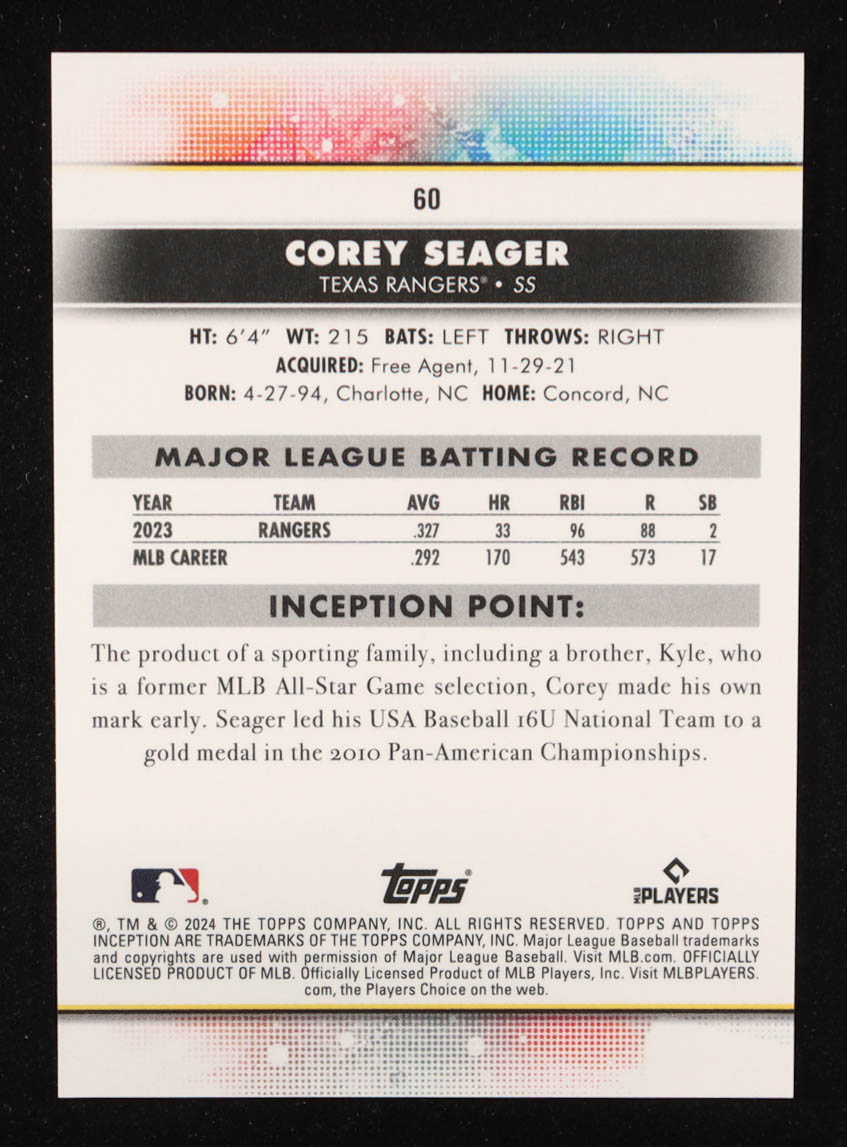 Corey Seager 2024 Topps Inception Pink #60 #62/99 at PristineAuction.com Corey Seager 2024 Topps Inception Pink #60 #62/99 at PristineAuction.com