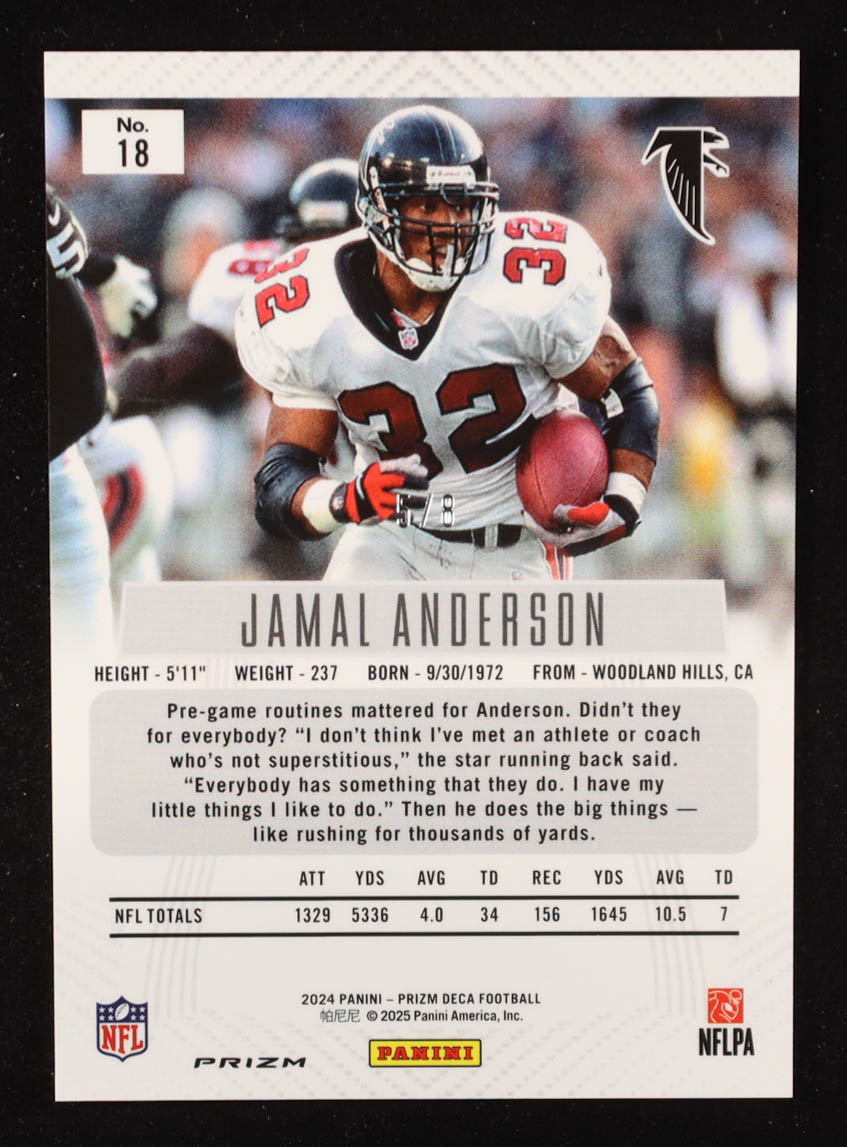 Jamal Anderson 2024 Panini Prizm Deca Prizms Black Gold Shimmer FOTL #18 #5/8 at PristineAuction.com Jamal Anderson 2024 Panini Prizm Deca Prizms Black Gold Shimmer FOTL #18 #5/8 at PristineAuction.com