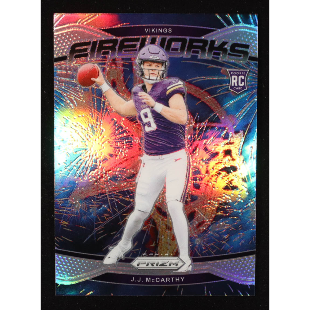 JJ McCarthy 2024 Panini Prizm Fireworks #18 RC at PristineAuction.com JJ McCarthy 2024 Panini Prizm Fireworks #18 RC at PristineAuction.com