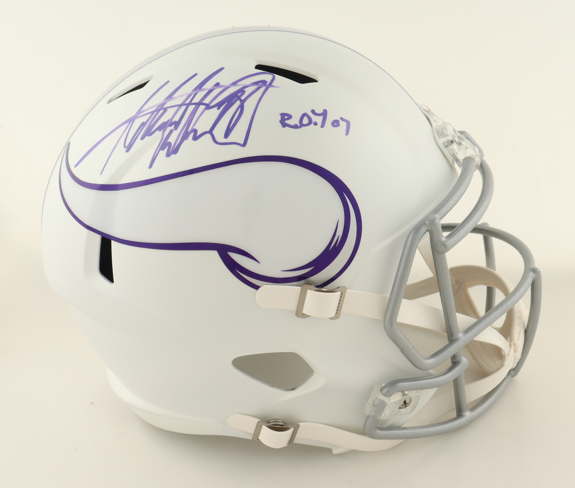 Adrian Peterson Signed Vikings Full-Size Matte White Speed Helmet Inscribed "ROY 07" (JSA) at PristineAuction.com Adrian Peterson Signed Vikings Full-Size Matte White Speed Helmet Inscribed "ROY 07" (JSA) at PristineAuction.com