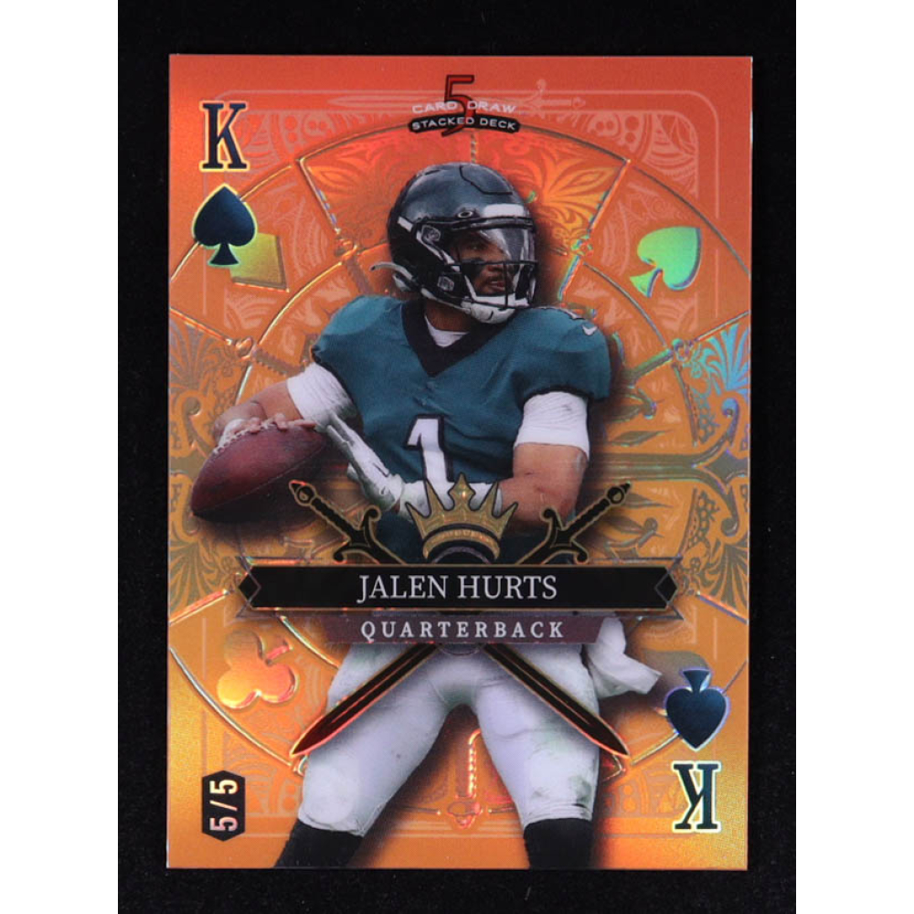 Jalen Hurts 2024 Wild Card 5 Card Draw Stacked Deck King Of Hearts Orange Rainbow Foil #SDPS-JHN #5/5 at PristineAuction.com