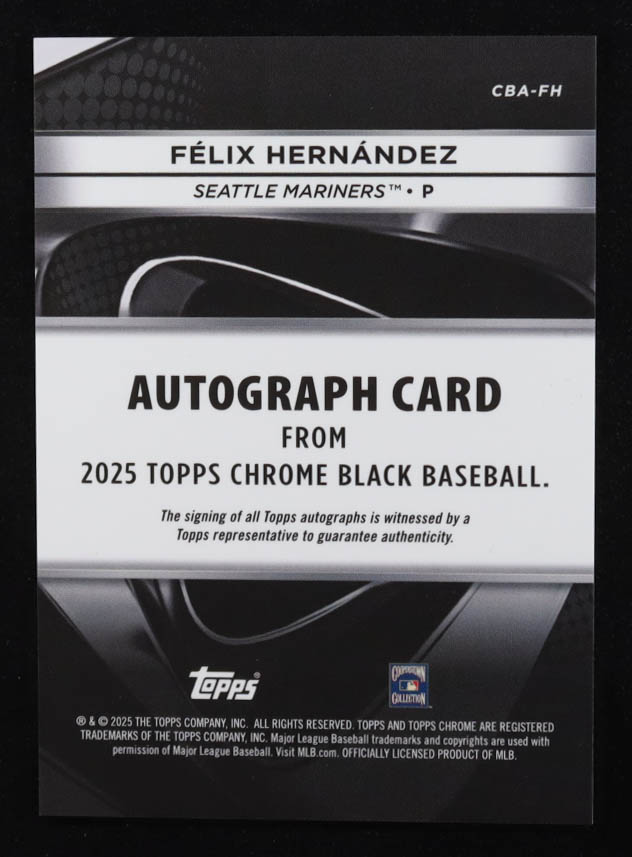 Felix Hernandez 2025 Topps Chrome Black Autographs Green Refractors #CBAFH #41/99 at PristineAuction.com Felix Hernandez 2025 Topps Chrome Black Autographs Green Refractors #CBAFH #41/99 at PristineAuction.com