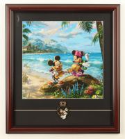 Thomas Kinkade "Mickey & Minnie Mouse In Hawaii" Custom Framed Print Display with Mickey & Minnie Mouse Stained Glass Pin at PristineAuction.com
