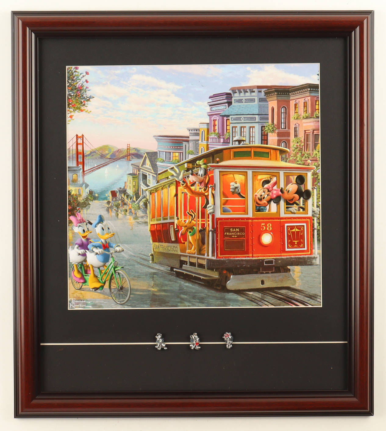 Thomas Kinkade "Mickey & Friends in San Fransisco" Custom Framed Print Display with (3) Vintage Silver Mickey Character Pins at PristineAuction.com Thomas Kinkade "Mickey & Friends in San Fransisco" Custom Framed Print Display with (3) Vintage Silver Mickey Character Pins at PristineAuction.com