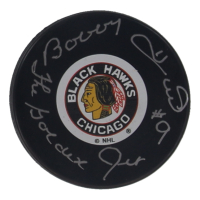 Bobby Hull Signed Blackhawks Logo Hockey Puck Inscribed "The Golden Jet" (Schwartz) at PristineAuction.com
