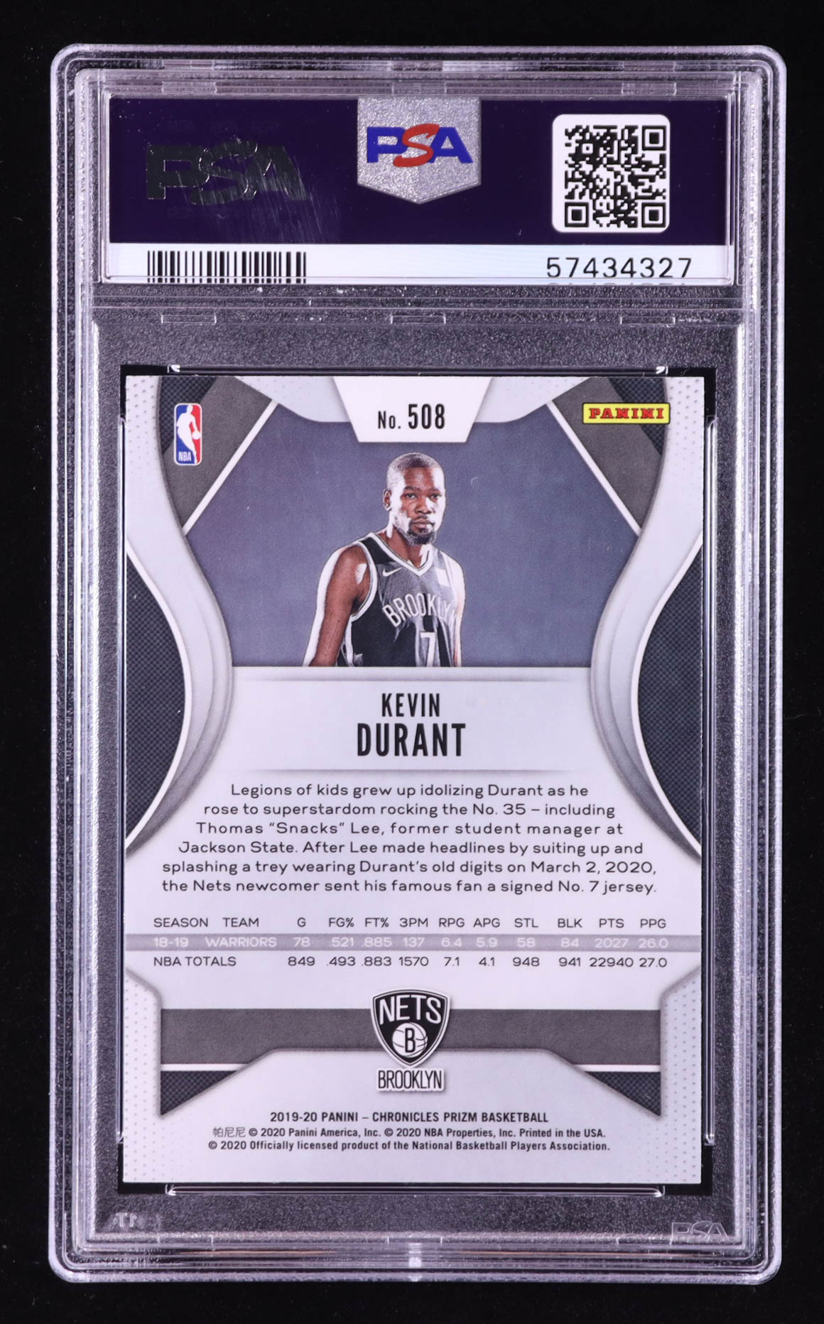 Kevin Durant 2019-20 Panini Chronicles Silver Prizm Update #508 (PSA 10) at PristineAuction.com Kevin Durant 2019-20 Panini Chronicles Silver Prizm Update #508 (PSA 10) at PristineAuction.com