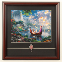 Thomas Kinkade "Tangled" Custom Framed Print Display with Hanging Rapunzel Pin at PristineAuction.com