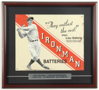 Lou Gehrig "Iron Man Batteries" Custom Framed Tin Sign Display with Full Career Statistics Plaque at PristineAuction.com