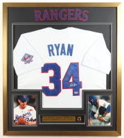 Nolan Ryan Signed Custom Framed Jersey Display with Rangers Retirement Pin & Stat Plaque Inscribed "7 No-Hitters" (PSA) at PristineAuction.com