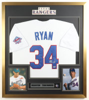 Nolan Ryan Signed Custom Framed Jersey Display with Rangers Logo Pin & Vintage Rangers Patch (PSA) at PristineAuction.com