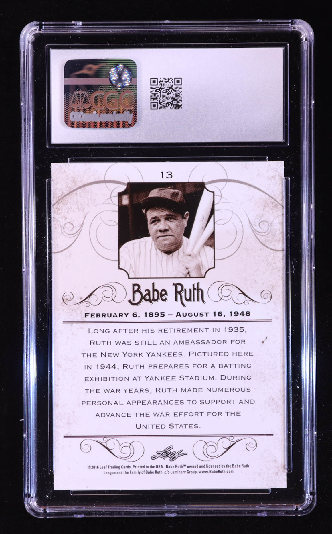 Babe Ruth 2016 Leaf Babe Ruth Collection #13 (CGC 10) at PristineAuction.com Babe Ruth 2016 Leaf Babe Ruth Collection #13 (CGC 10) at PristineAuction.com