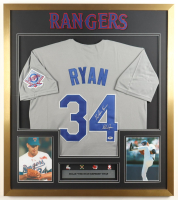 Nolan Ryan Signed Custom Framed Jersey Display with Set of (4) Vintage Ryan Career Pins & Rangers Logo Patch Set Inscribed "The Ryan Express" (PSA) at PristineAuction.com