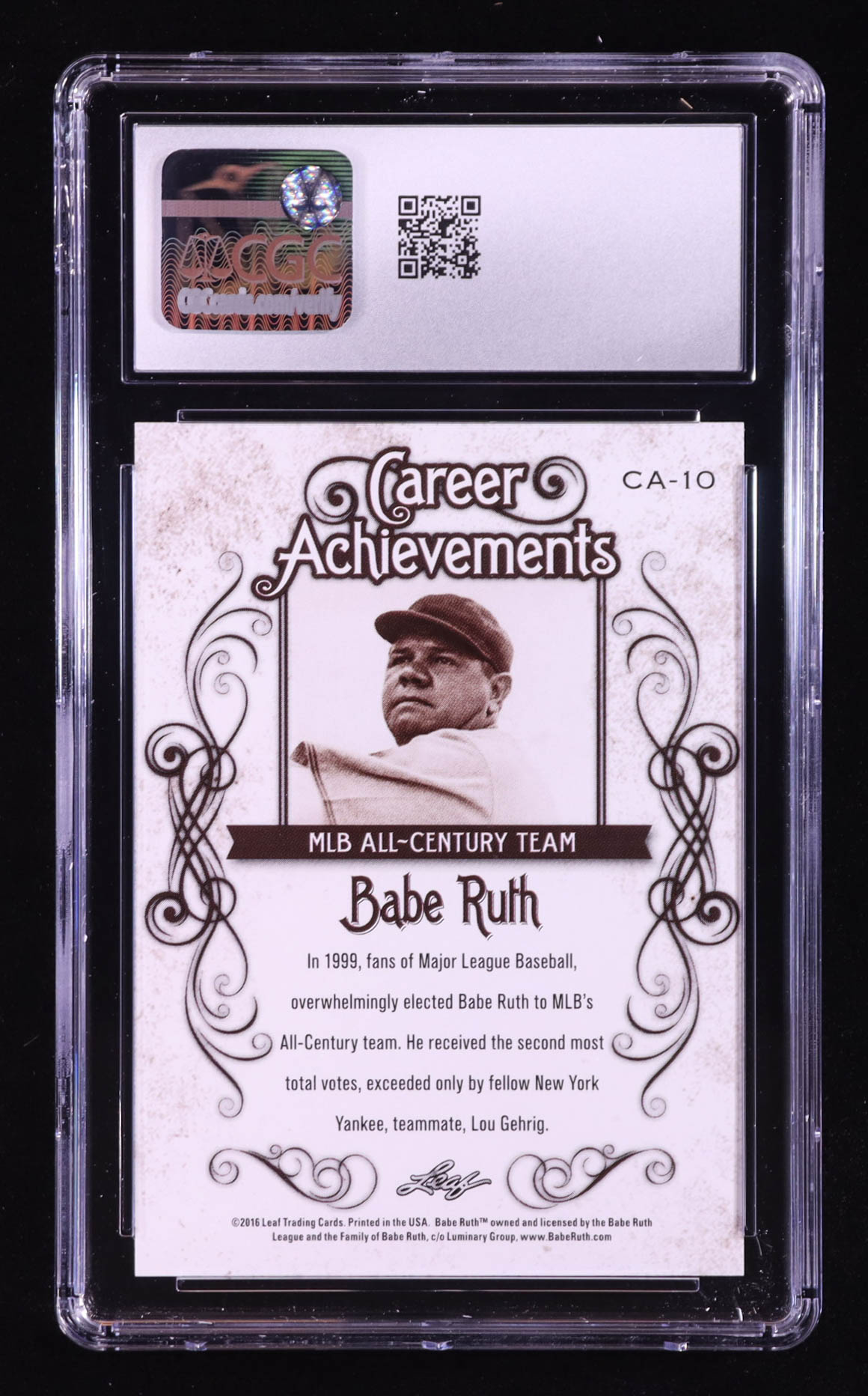 Babe Ruth 2016 Leaf Babe Ruth Collection Career Achievements #CA10 (CGC 10) at PristineAuction.com Babe Ruth 2016 Leaf Babe Ruth Collection Career Achievements #CA10 (CGC 10) at PristineAuction.com