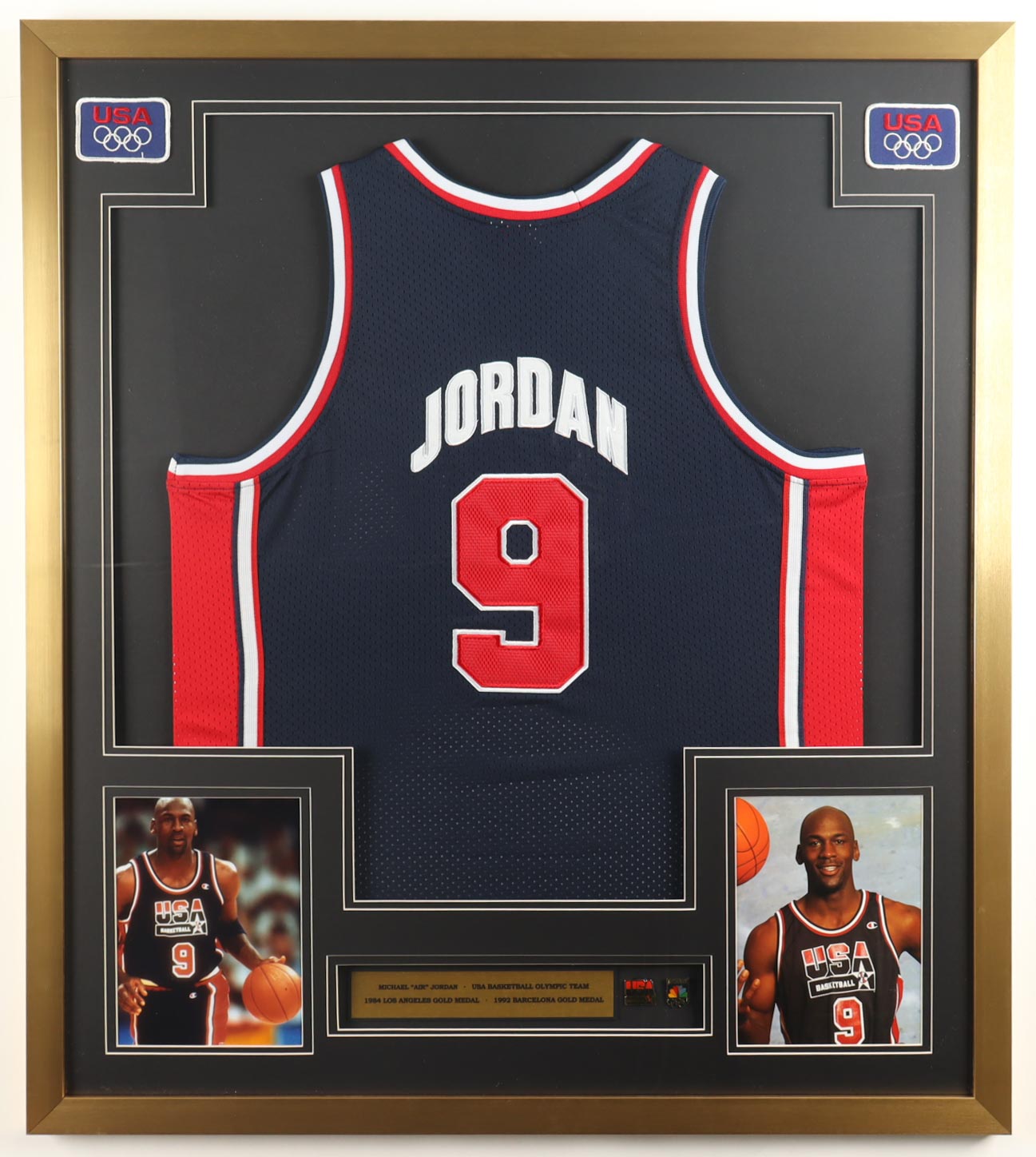 Michael Jordan Custom Framed Jersey Display with (2) Olympic Pins & Vintage USA Cloth Patch at PristineAuction.com Michael Jordan Custom Framed Jersey Display with (2) Olympic Pins & Vintage USA Cloth Patch at PristineAuction.com