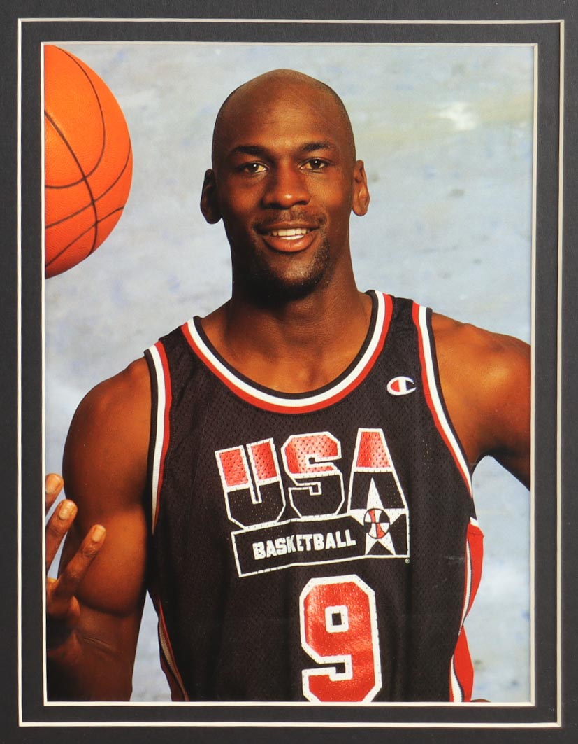 Michael Jordan Custom Framed Jersey Display with (2) Olympic Pins & Vintage USA Cloth Patch at PristineAuction.com Michael Jordan Custom Framed Jersey Display with (2) Olympic Pins & Vintage USA Cloth Patch at PristineAuction.com