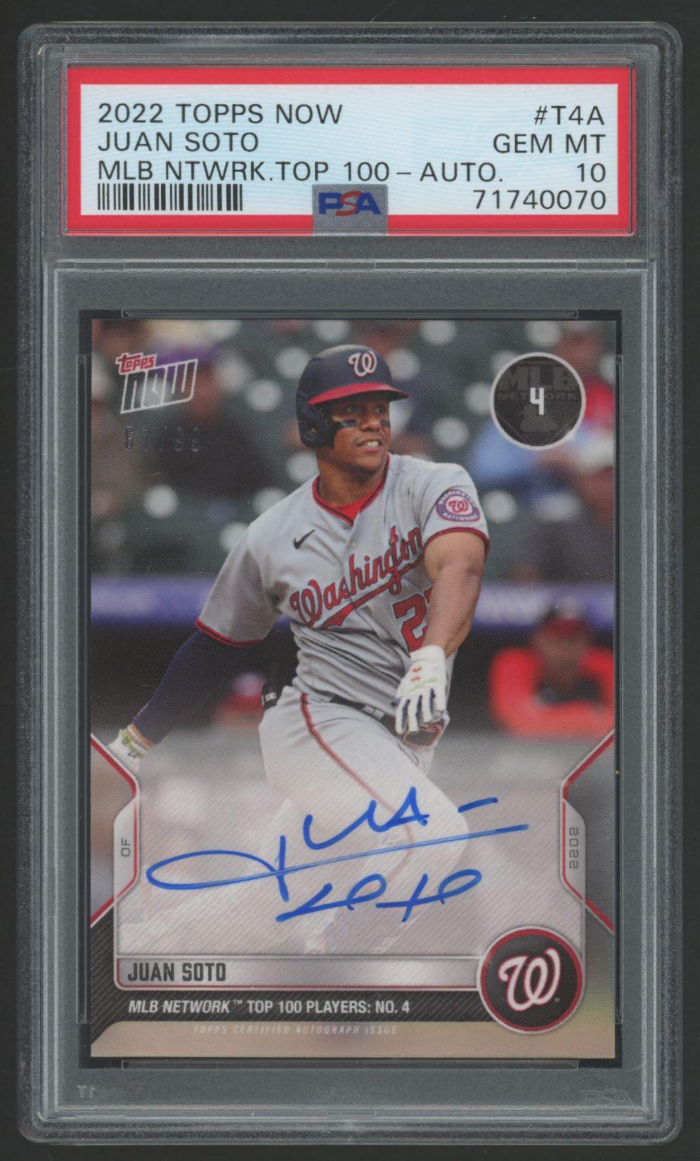 Juan Soto 2022 Topps Now Top 100 Autographs #T4A #67/99 (PSA 10) at PristineAuction.com Juan Soto 2022 Topps Now Top 100 Autographs #T4A #67/99 (PSA 10) at PristineAuction.com