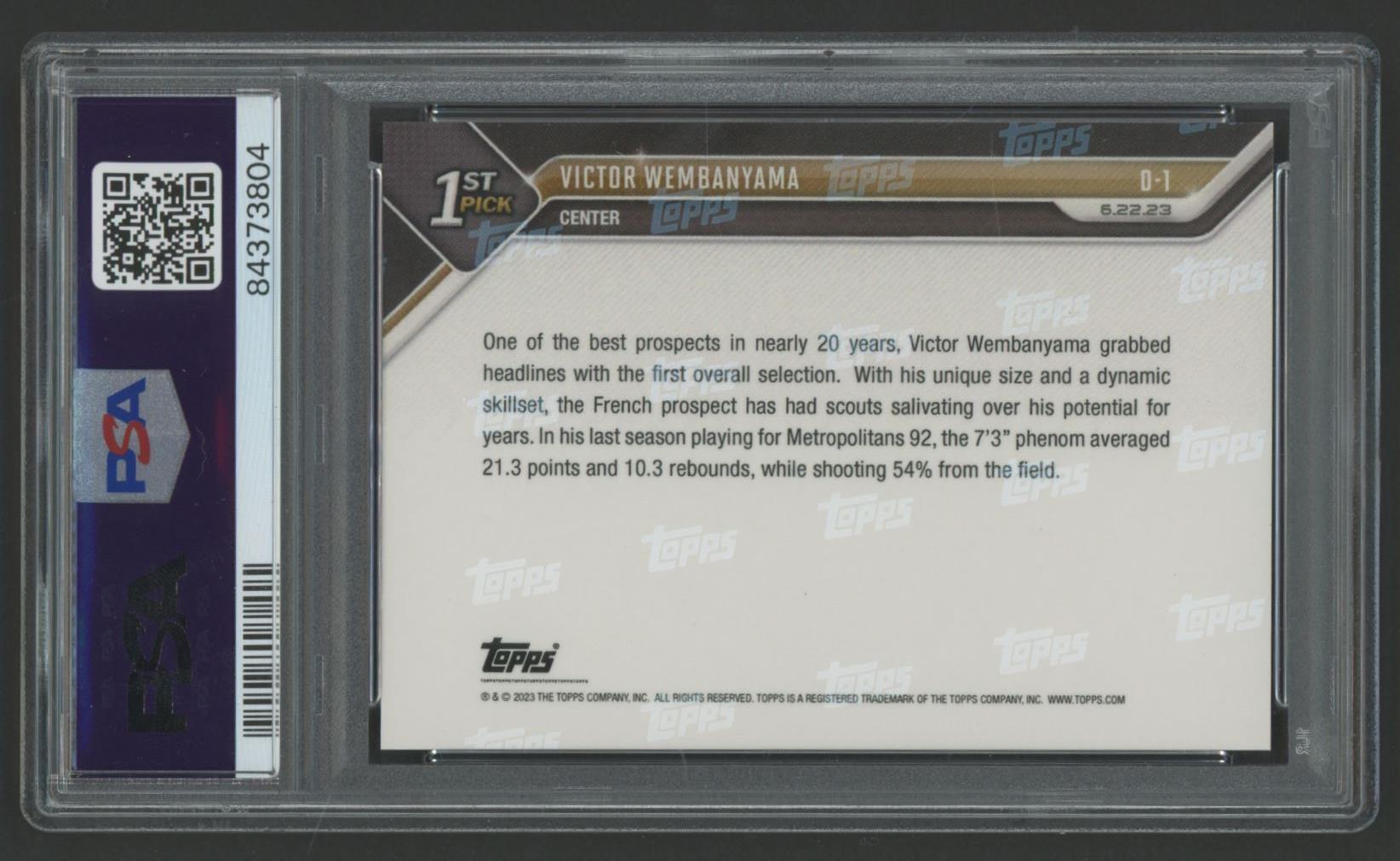 Victor Wembanyama 2023 Topps Now Draft #D1 RC (PSA 10) at PristineAuction.com Victor Wembanyama 2023 Topps Now Draft #D1 RC (PSA 10) at PristineAuction.com