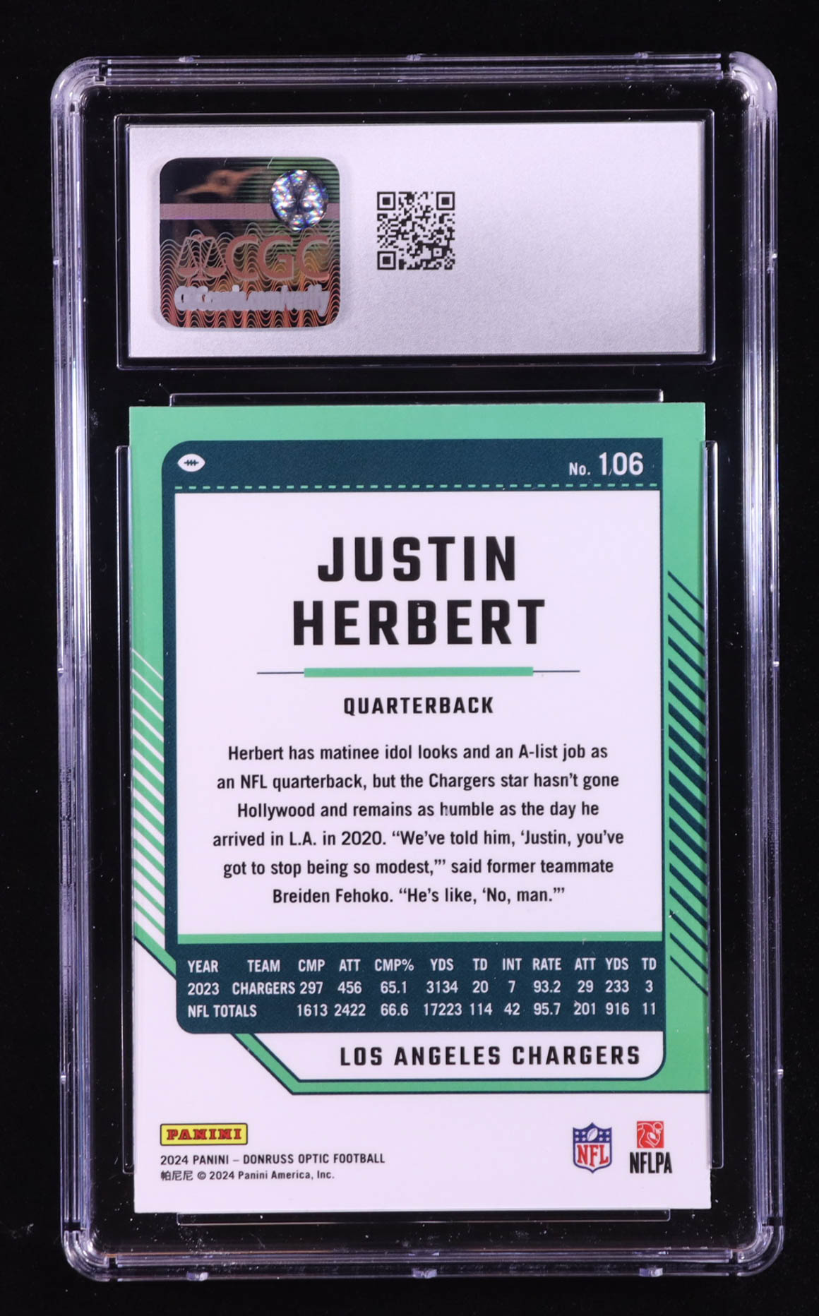 Justin Herbert 2024 Donruss Optic #106 (CGC 10) at PristineAuction.com Justin Herbert 2024 Donruss Optic #106 (CGC 10) at PristineAuction.com