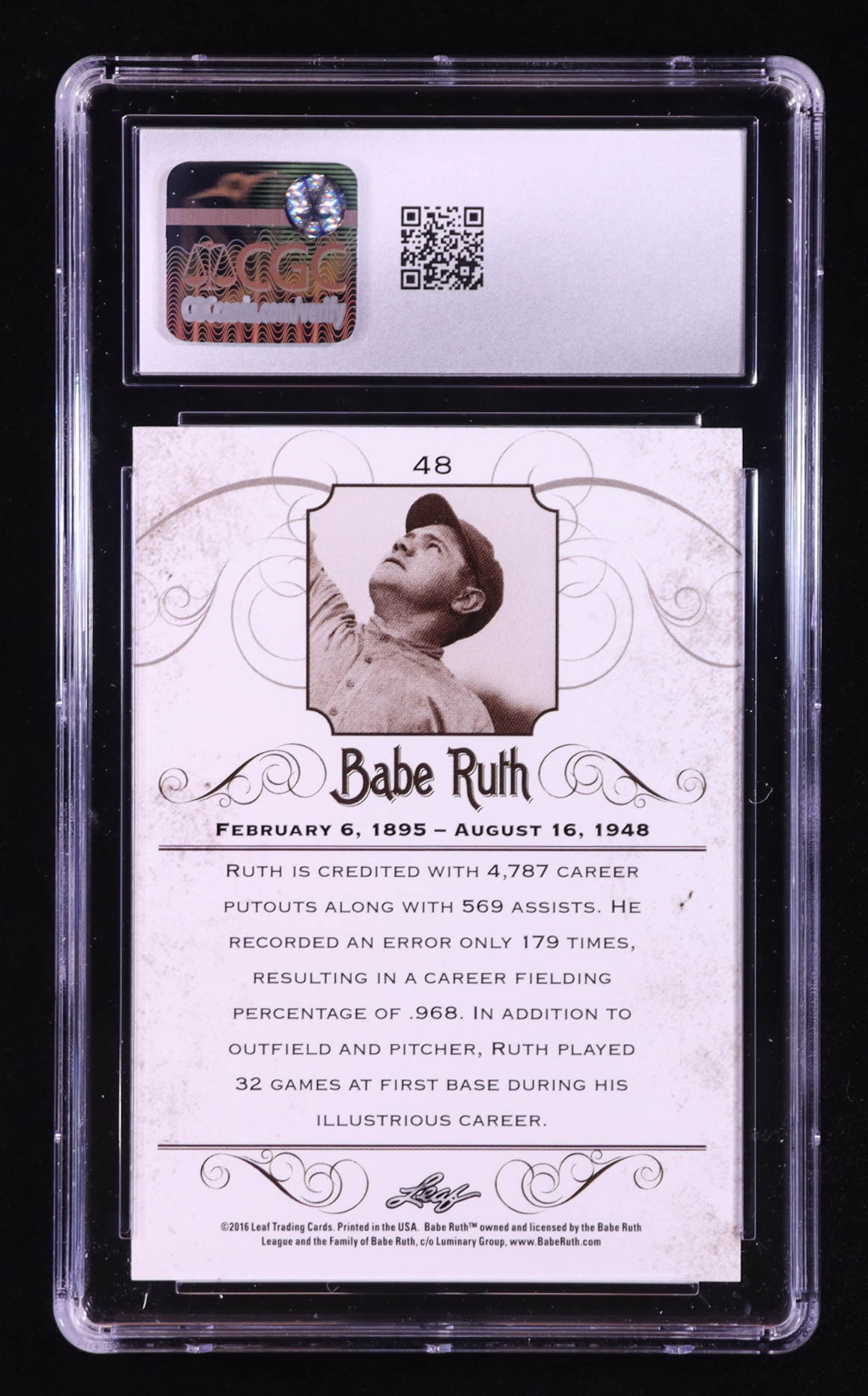 Babe Ruth 2016 Leaf Babe Ruth Collection #48 (CGC 10) at PristineAuction.com Babe Ruth 2016 Leaf Babe Ruth Collection #48 (CGC 10) at PristineAuction.com