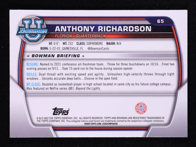 Anthony Richardson 2022 Bowman Chrome University #65 RC at PristineAuction.com Anthony Richardson 2022 Bowman Chrome University #65 RC at PristineAuction.com