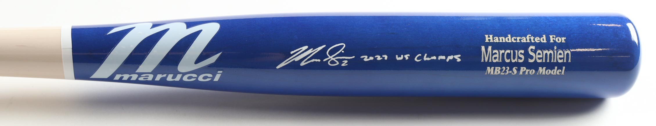 Marcus Semien Signed Marucci Player Model Baseball Bat Inscribed "2023 WS Champs" (Beckett) at PristineAuction.com Marcus Semien Signed Marucci Player Model Baseball Bat Inscribed "2023 WS Champs" (Beckett) at PristineAuction.com