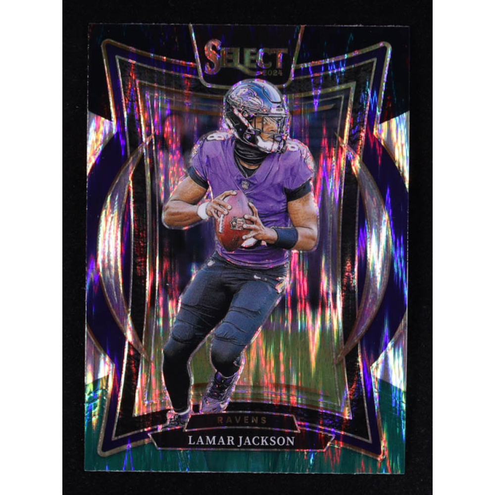 Lamar Jackson 2024 Select Prizm Black and Green Shock #35 at PristineAuction.com