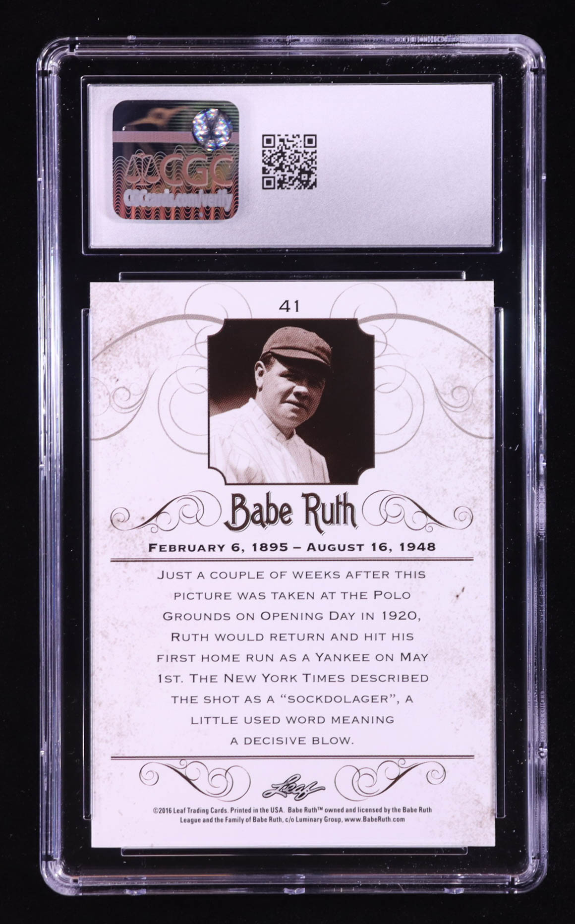 Babe Ruth 2016 Leaf Babe Ruth Collection #41 (CGC 10) at PristineAuction.com Babe Ruth 2016 Leaf Babe Ruth Collection #41 (CGC 10) at PristineAuction.com