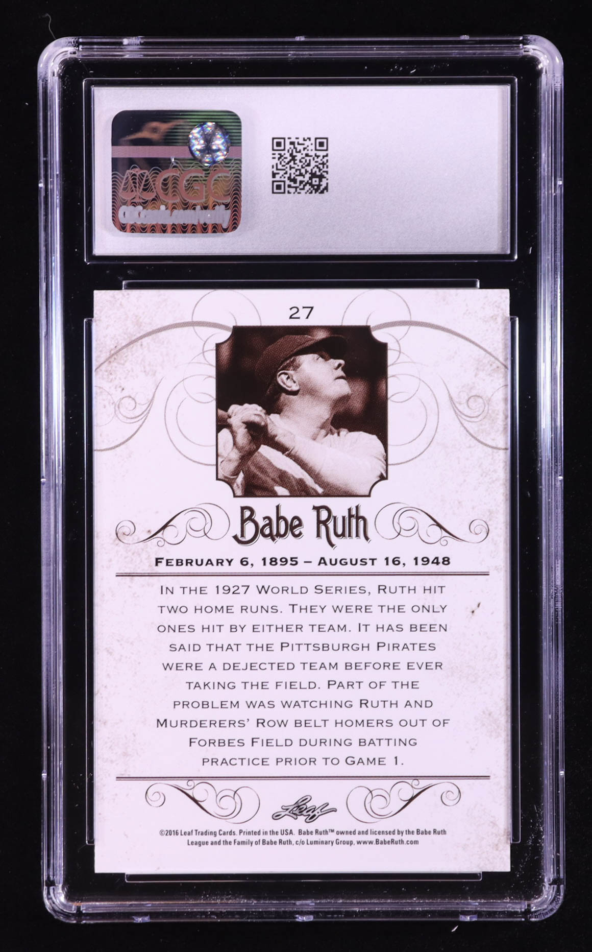 Babe Ruth 2016 Leaf Babe Ruth Collection #27 (CGC 10) at PristineAuction.com Babe Ruth 2016 Leaf Babe Ruth Collection #27 (CGC 10) at PristineAuction.com