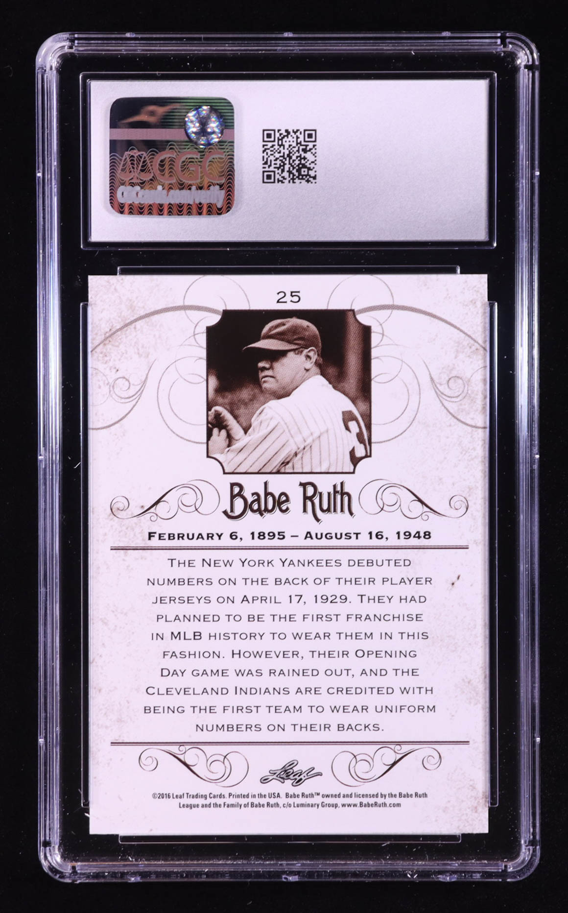 Babe Ruth 2016 Leaf Babe Ruth Collection #25 (CGC 10) at PristineAuction.com Babe Ruth 2016 Leaf Babe Ruth Collection #25 (CGC 10) at PristineAuction.com