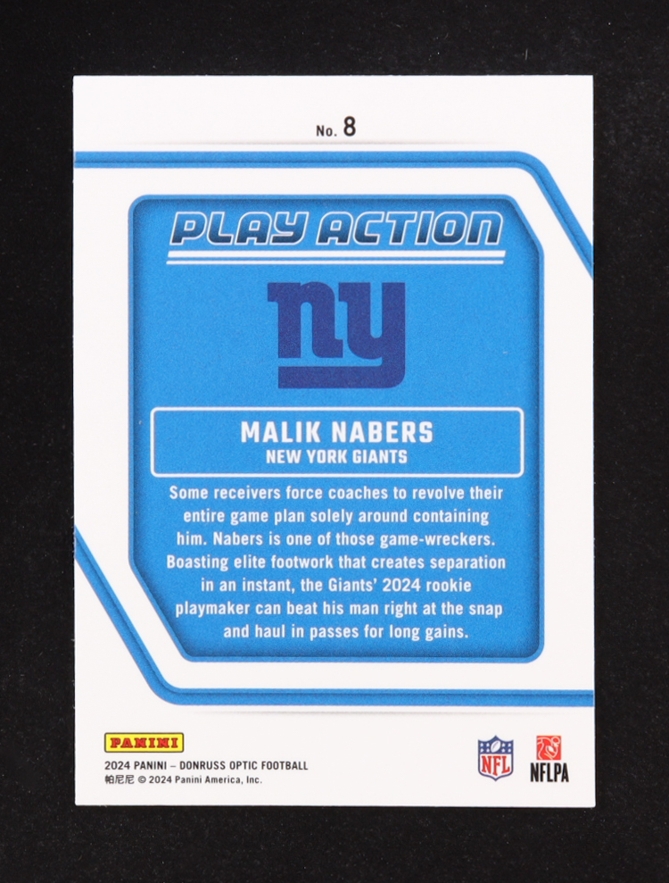 Malik Nabers 2024 Donruss Optic Play Action #8 RC at PristineAuction.com Malik Nabers 2024 Donruss Optic Play Action #8 RC at PristineAuction.com