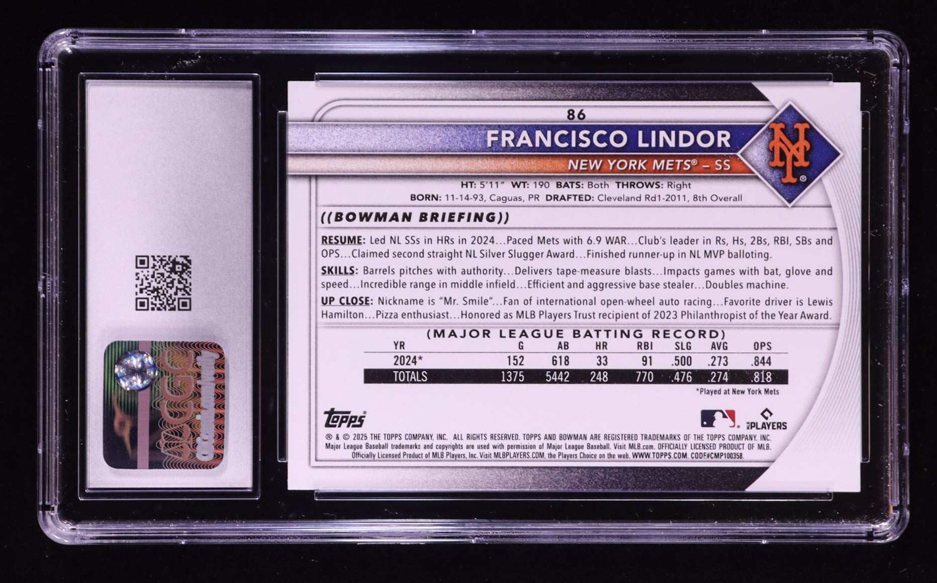 Francisco Lindor 2025 Bowman #86 (CGC 10) at PristineAuction.com Francisco Lindor 2025 Bowman #86 (CGC 10) at PristineAuction.com