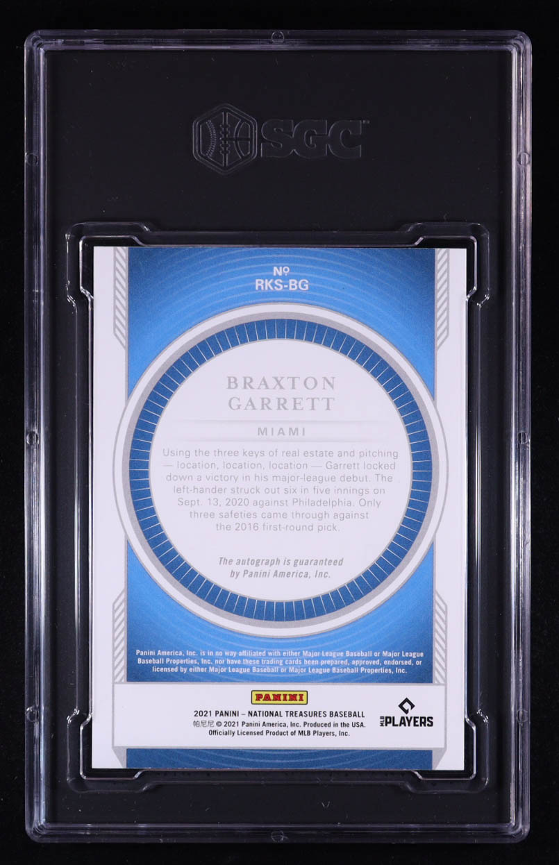 Braxton Garrett 2021 Panini National Treasures Rookie Signatures #RKSBG #88/99 (SGC 9.5 | Auto 10) at PristineAuction.com Braxton Garrett 2021 Panini National Treasures Rookie Signatures #RKSBG #88/99 (SGC 9.5 | Auto 10) at PristineAuction.com