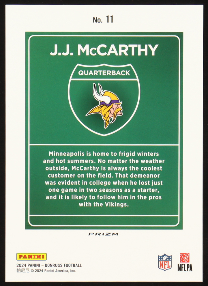 J.J. McCarthy 2024 Donruss Downtown! Oversize #11 RC at PristineAuction.com J.J. McCarthy 2024 Donruss Downtown! Oversize #11 RC at PristineAuction.com