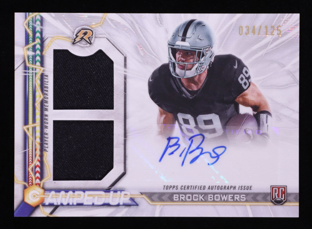 Brock Bowers 2024 Topps Resurgence Amped Up Rookie Patch Autographs White Surge #AUBB RC #34/125