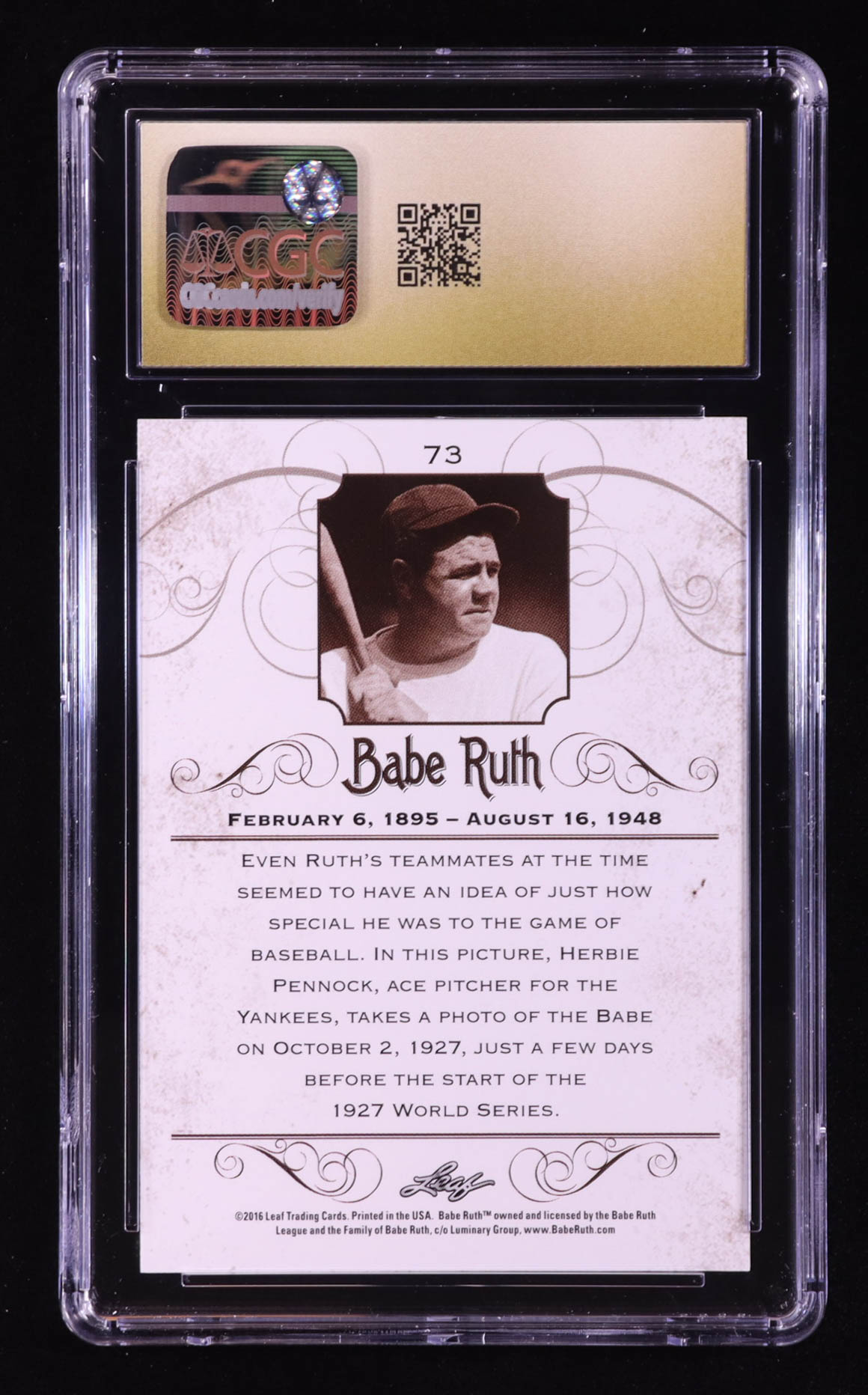 Babe Ruth 2016 Leaf Babe Ruth Collection #73 (CGC Pristine 10) at PristineAuction.com Babe Ruth 2016 Leaf Babe Ruth Collection #73 (CGC Pristine 10) at PristineAuction.com