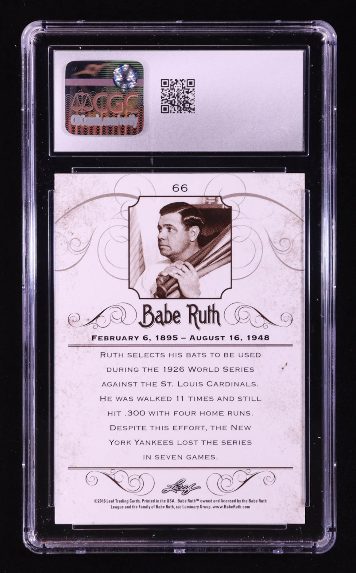 Babe Ruth 2016 Leaf Babe Ruth Collection #66 (CGC 10) at PristineAuction.com Babe Ruth 2016 Leaf Babe Ruth Collection #66 (CGC 10) at PristineAuction.com