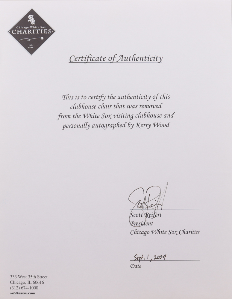 Kerry Wood Signed AL Logo Folding Chair (Beckett & White Sox Charities) at PristineAuction.com Kerry Wood Signed AL Logo Folding Chair (Beckett & White Sox Charities) at PristineAuction.com