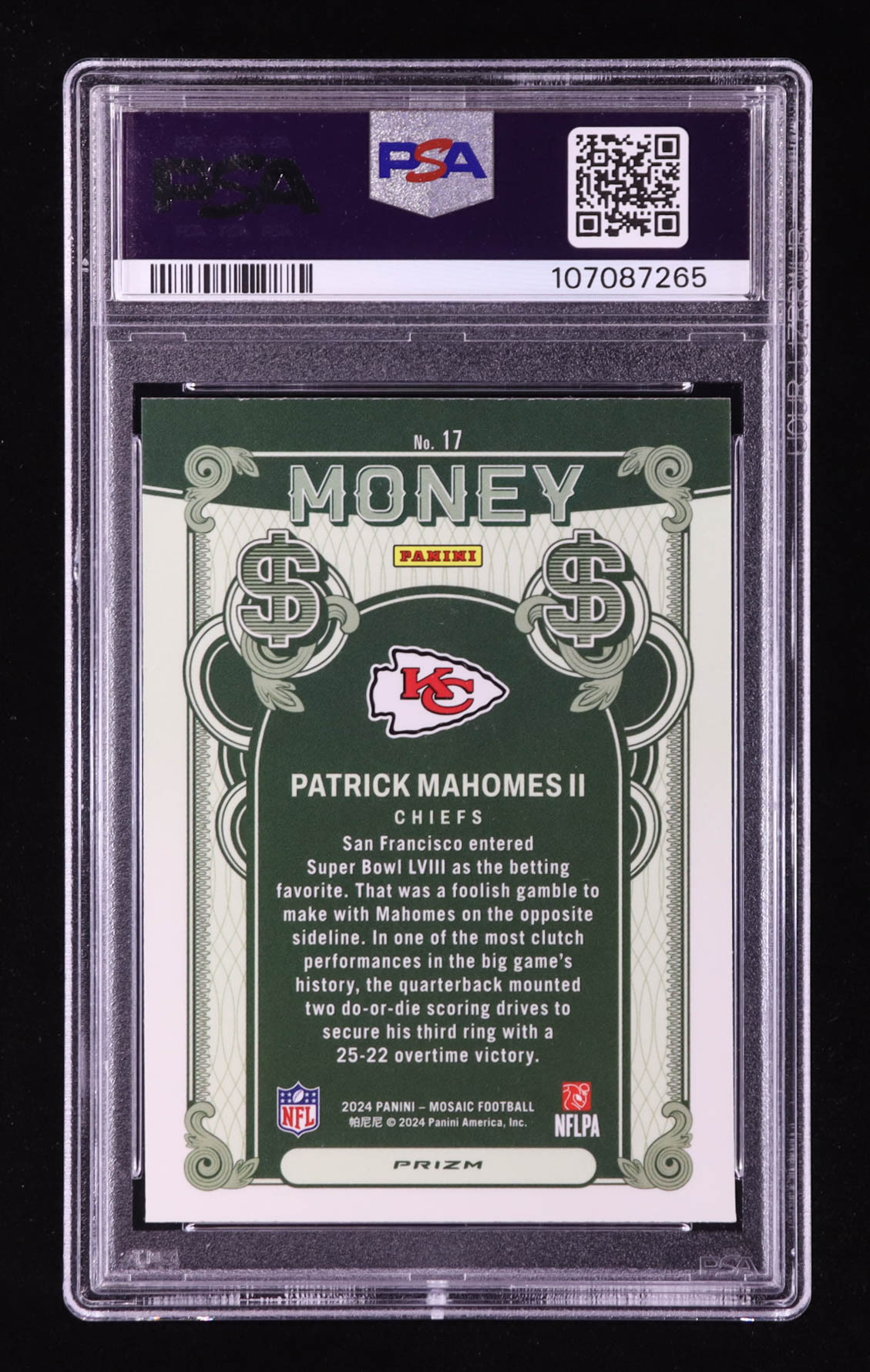Patrick Mahomes II 2024 Mosaic Money #17 (PSA 9) at PristineAuction.com Patrick Mahomes II 2024 Mosaic Money #17 (PSA 9) at PristineAuction.com