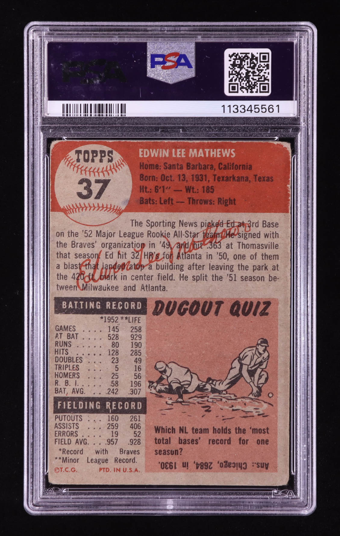 Ed Mathews 1953 Topps #37 (PSA 1) (MK) at PristineAuction.com Ed Mathews 1953 Topps #37 (PSA 1) (MK) at PristineAuction.com