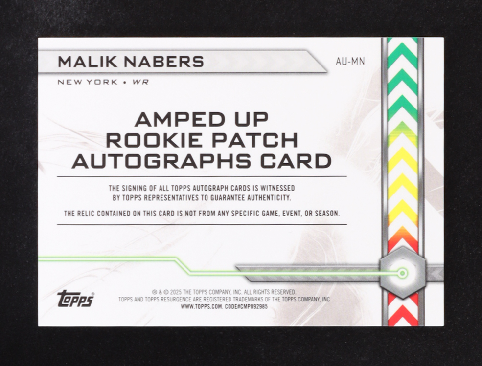 Malik Nabers 2024 Topps Resurgence Amped Up Rookie Patch Autographs White Surge #AUMN RC #40/125 at PristineAuction.com Malik Nabers 2024 Topps Resurgence Amped Up Rookie Patch Autographs White Surge #AUMN RC #40/125 at PristineAuction.com