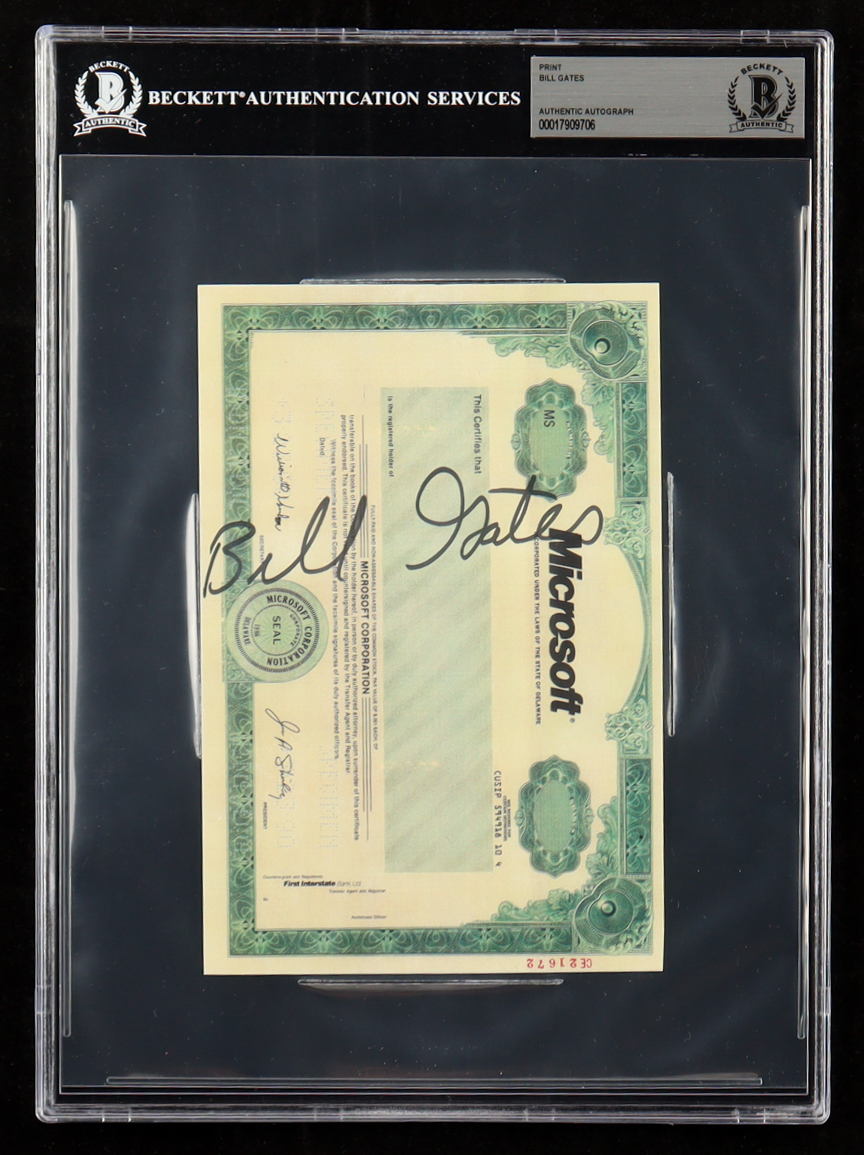 Bill Gates Signed Microsoft Stock Certificate Print (Beckett) at PristineAuction.com Bill Gates Signed Microsoft Stock Certificate Print (Beckett) at PristineAuction.com