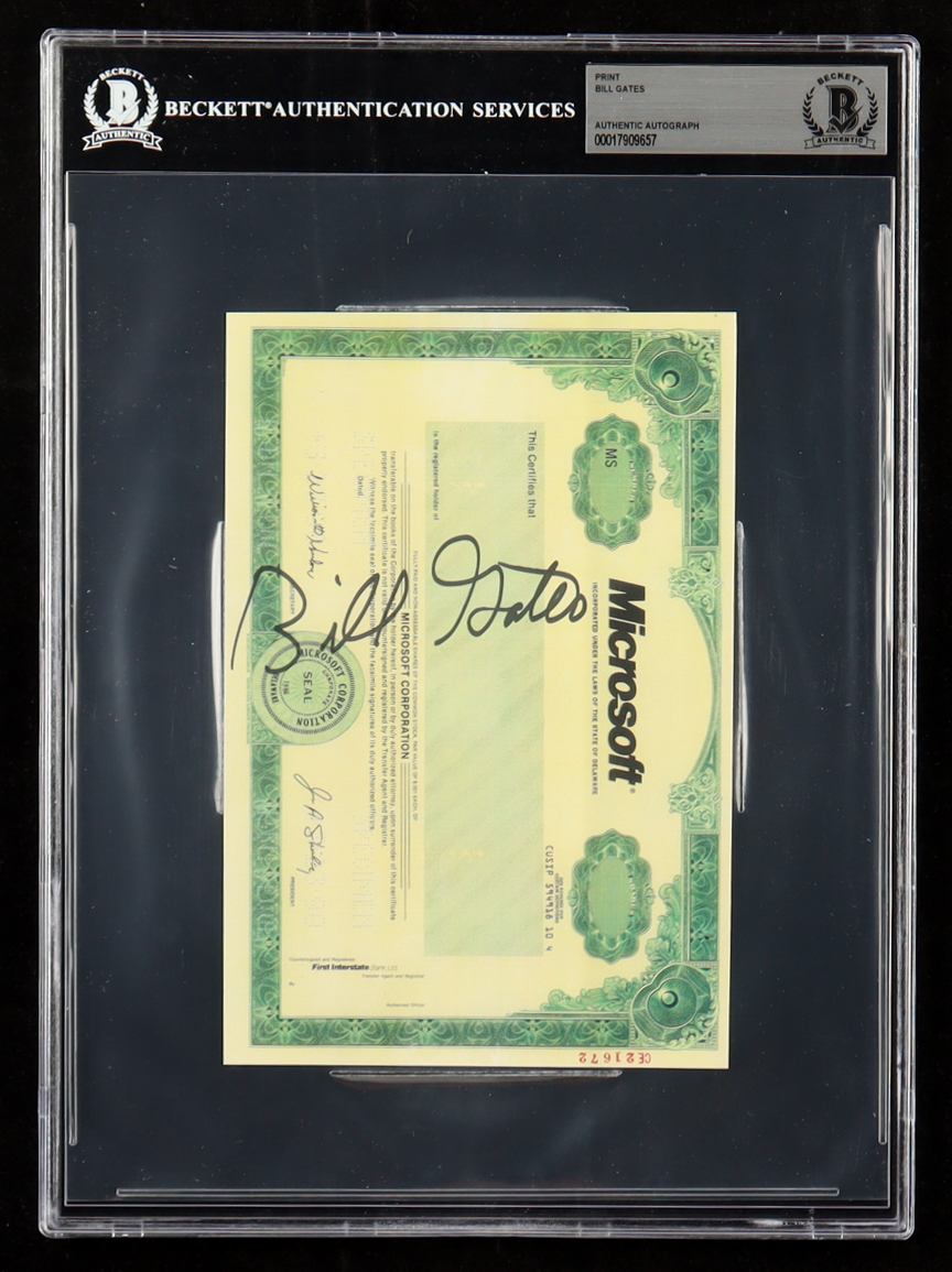 Bill Gates Signed Microsoft Stock Certificate Print (Beckett) at PristineAuction.com Bill Gates Signed Microsoft Stock Certificate Print (Beckett) at PristineAuction.com