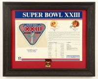 1989 Super Bowl XXIII "49ers vs. Bengals" Custom Framed Commemorative Stat Card Display with Super Bowl XXIII Cloth Patch & Pin at PristineAuction.com