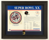 1986 Super Bowl XX "Bears vs. Patriots" Custom Framed Commemorative Stat Card Display with Super Bowl XX Cloth Patch & Pin at PristineAuction.com